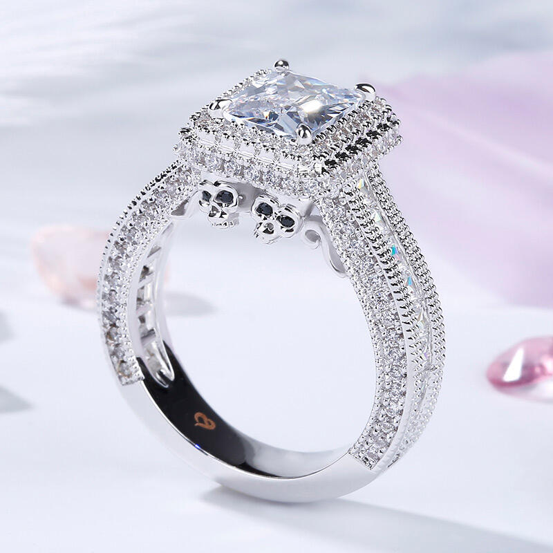 Jeulia Halo Radiant Cut Sterling Silver Skull Ring