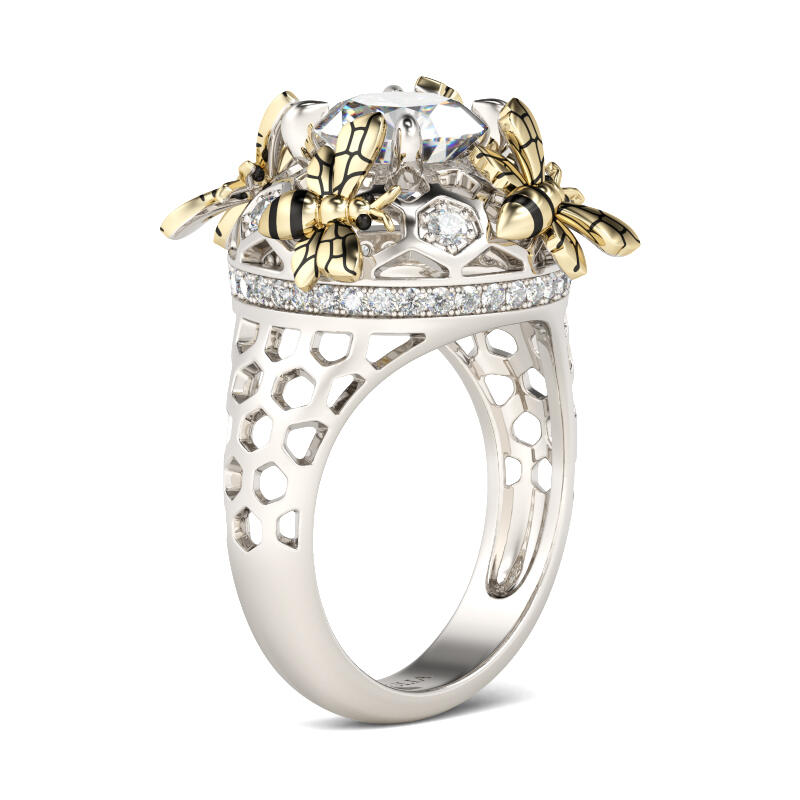 Jeulia Two Tone Bee Honeycomb Round Cut Sterling Silver Ring