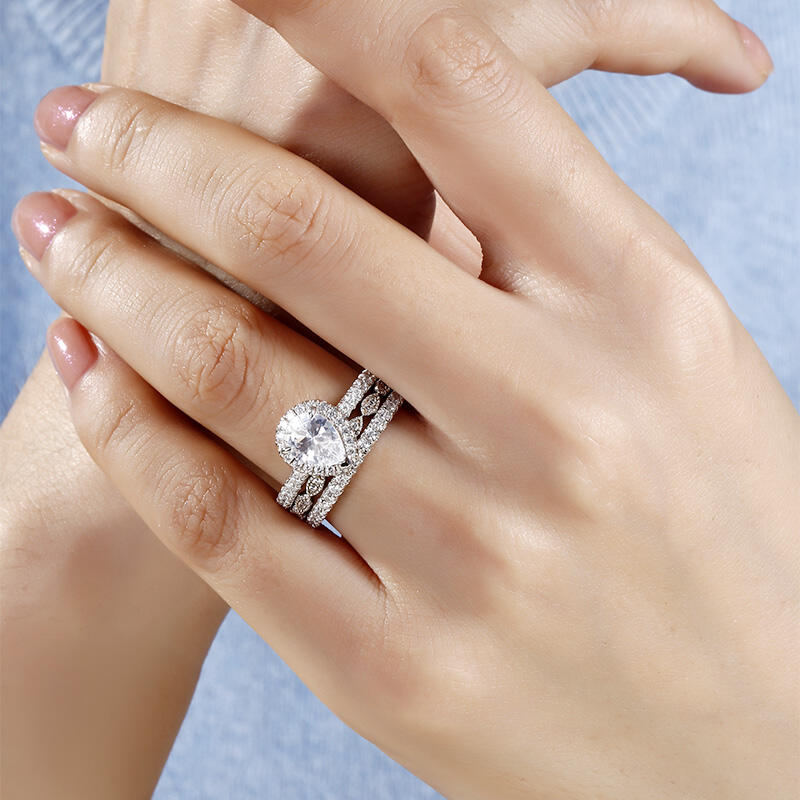 Jeulia Halo Pear Cut Sterling Silver Ring Set