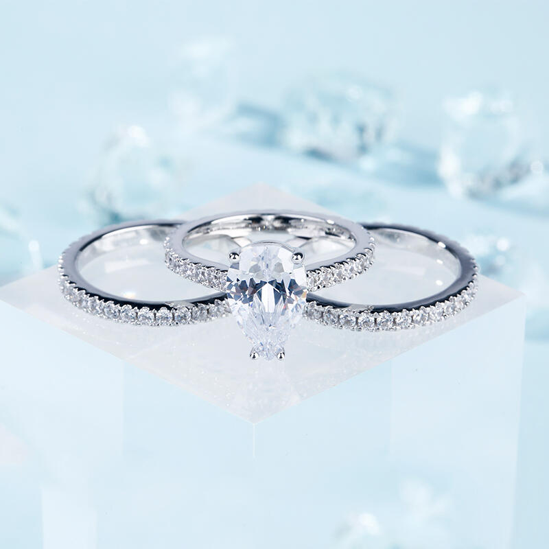 Jeulia 3PC Pear Cut Sterling Silver Eternity Ring Set