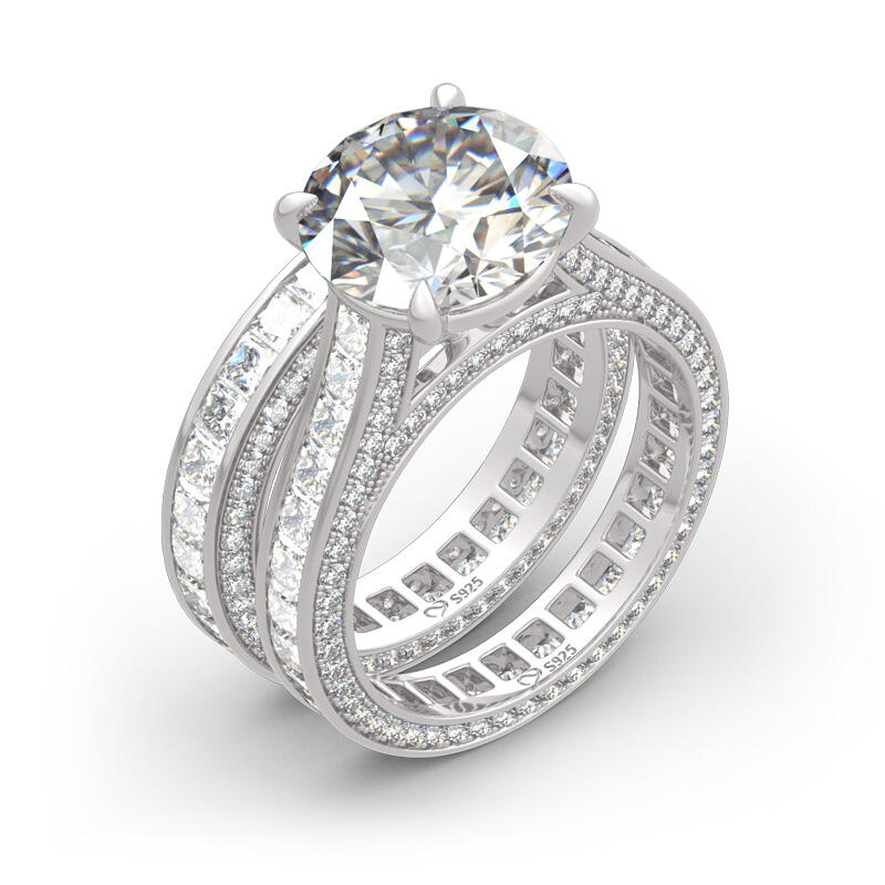 Jeulia Conjunto De Anillos De Eternidad De Plata Esterlina De Tres Lados De Corte Redondo