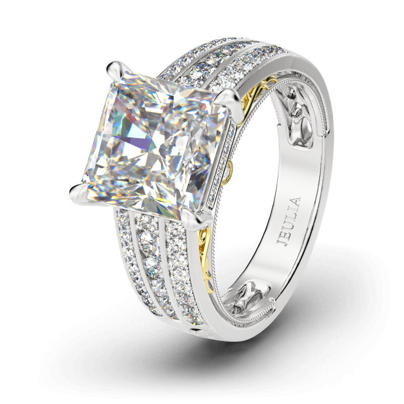 Jeulia Two Tone Scrollwork Princess Cut Sterling Silver Ring