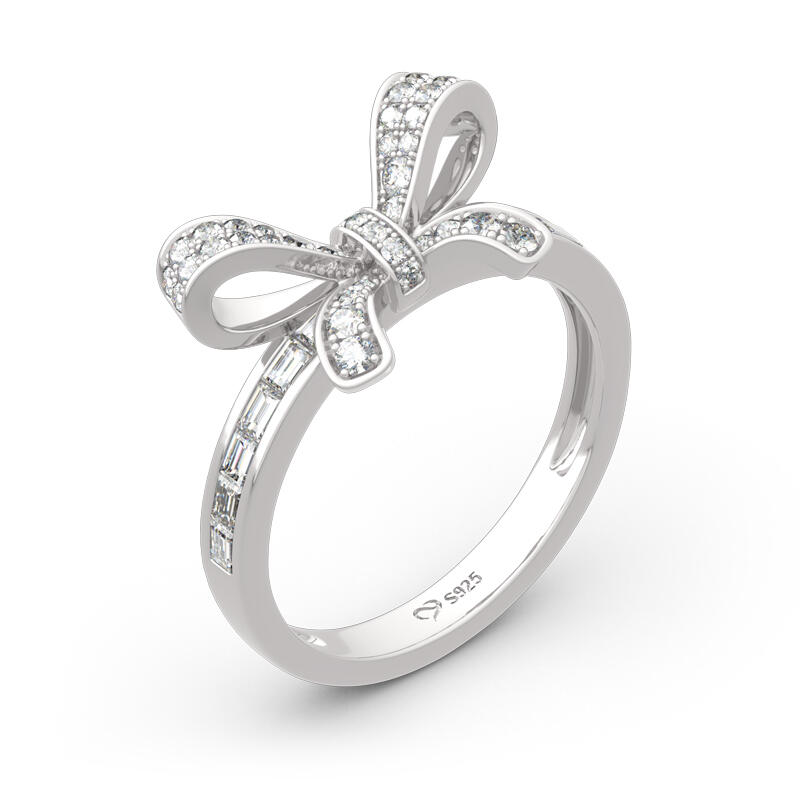 Jeulia Bowknot Design Round and Emerald Cut Sterling Silver Ring