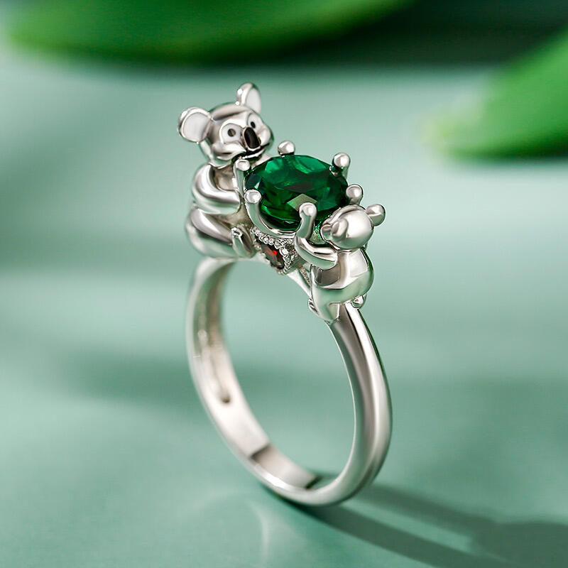 Jeulia Hug Me ママ & ベビー コアラ ラウンドカット シルバーリング