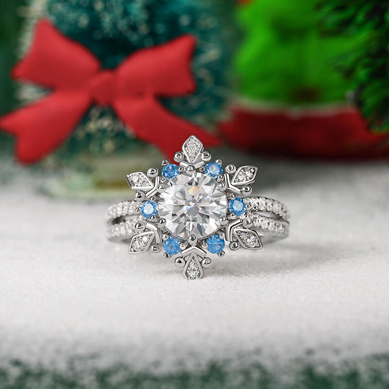 Jeulia "Shining Winter" Snowflake Round Cut Split Shank Sterling Silver Ring