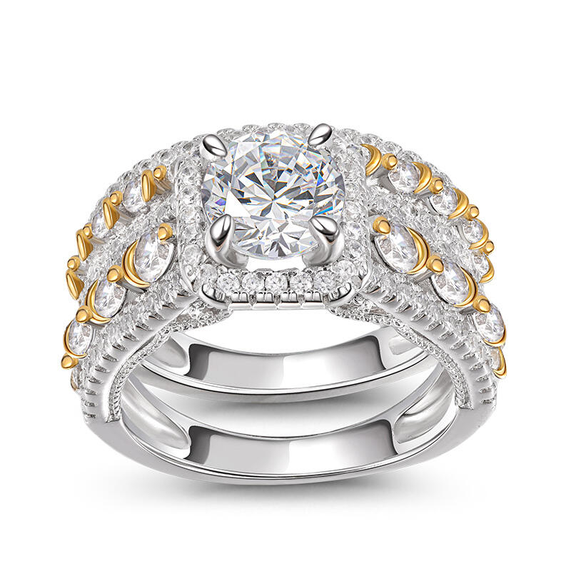 Jeulia Two Tone Halo Round Cut Sterling Silver Ring Set