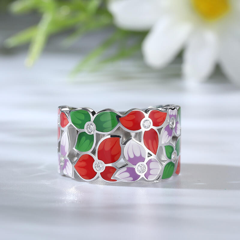 Jeulia "Sea of Flowers" Flower Enamel Sterling Silver Women's Band
