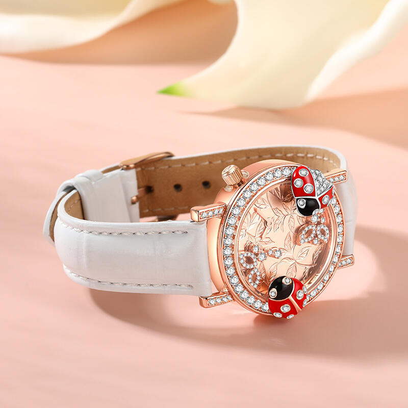 Jeulia "Vivid Natural" Ladybug Design Quartz White Leather Women's Watch