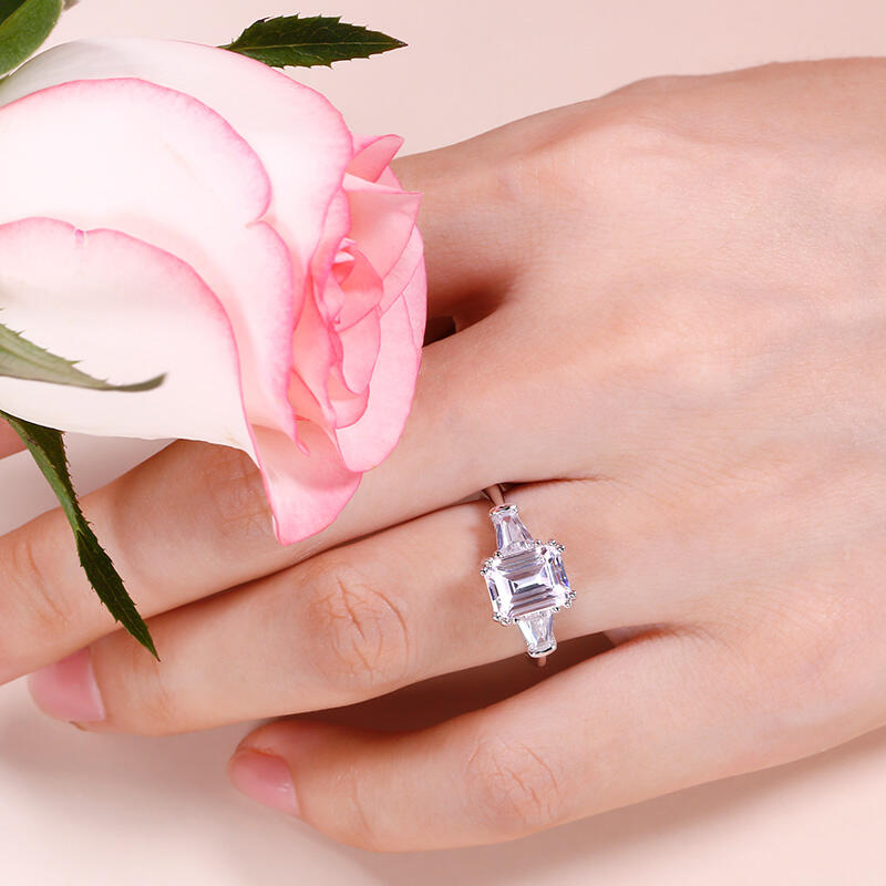 Jeulia Three Stone Emerald Cut Sterling Silver Ring