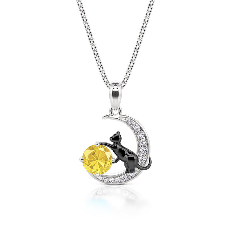 Jeulia Collar Personalizado con Gato Negro en la Luna con Piedra Natal de Plata Esterlina