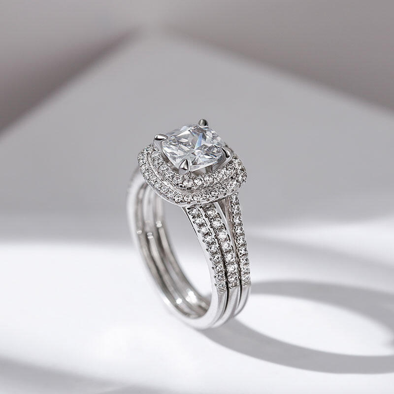 Jeulia dubbele Halo kussen gesneden sterling zilveren ringset