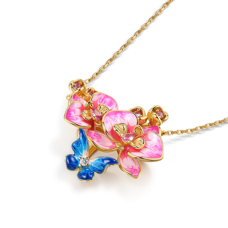 Jeulia Collar de plata esterlina esmaltada con flor y mariposa para mujer