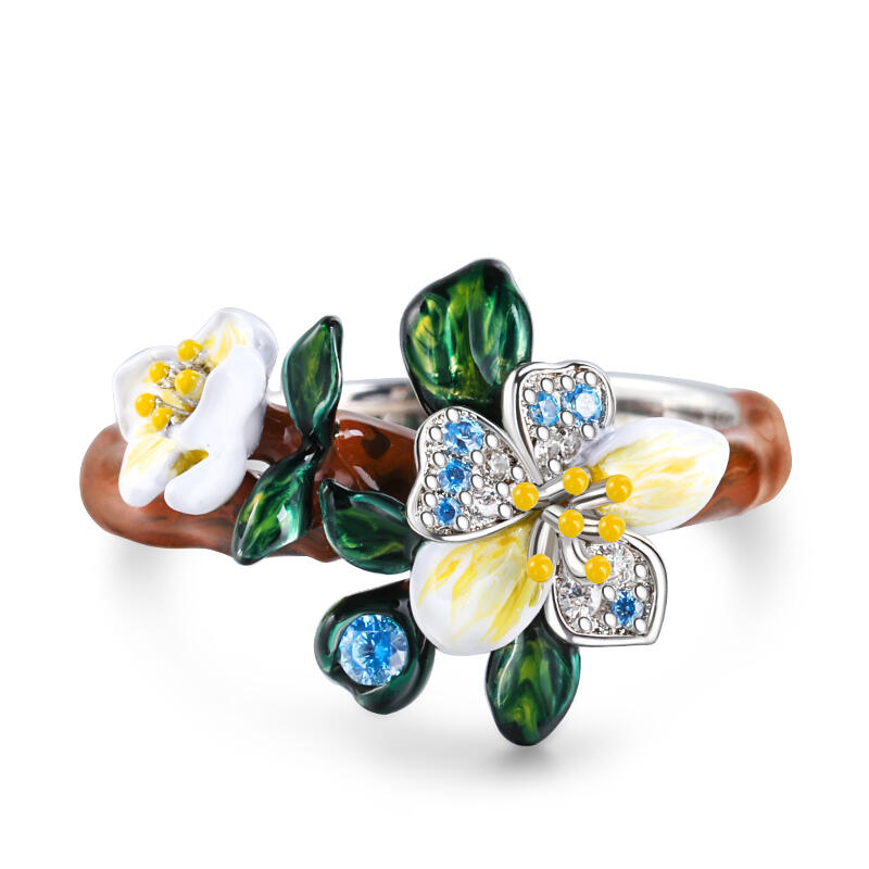 Jeulia "Almond Blossoms" Enamel Sterling Silver Ring