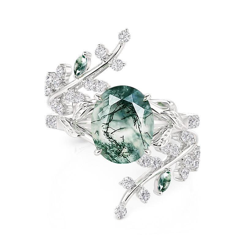 Jeulia Nature Inspired Vine Leaf Moss Agate Ring Set 2PCS