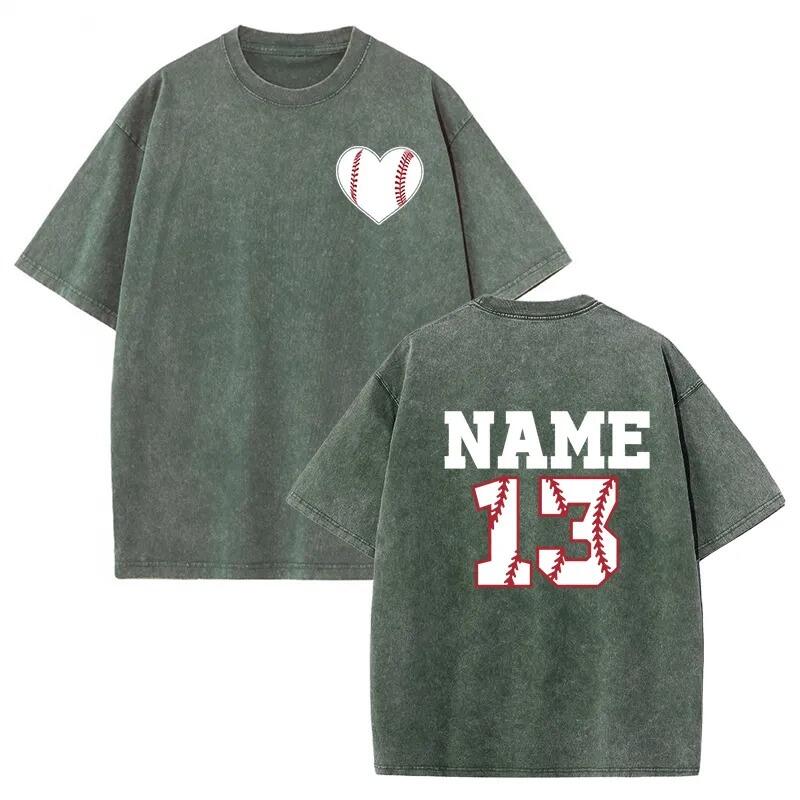 Baseballtvättad T-shirt med baseballhjärta anpassat nummer och namn present till sportälskaren