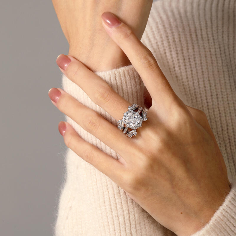 Jeulia Vintage Radiant Cut Halo Bridal Set Sterling Silver