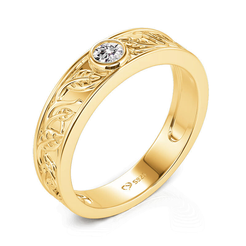 Jeulia Leaf-Engraved Gold Round Solitaire Wedding Ring For Men