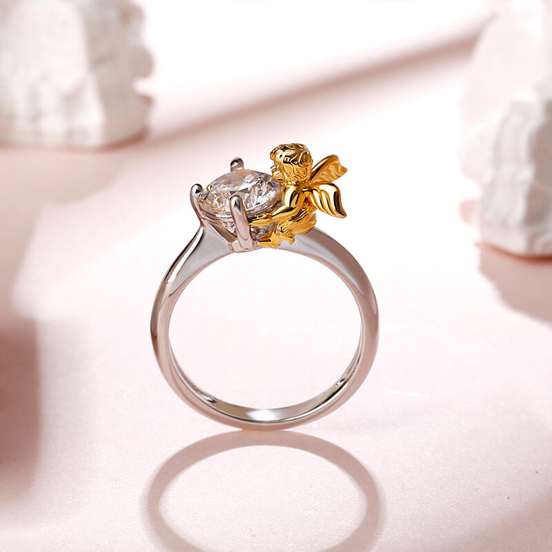 Jeulia anillo de compromiso de ángel con alas lindas de plata corte redondo