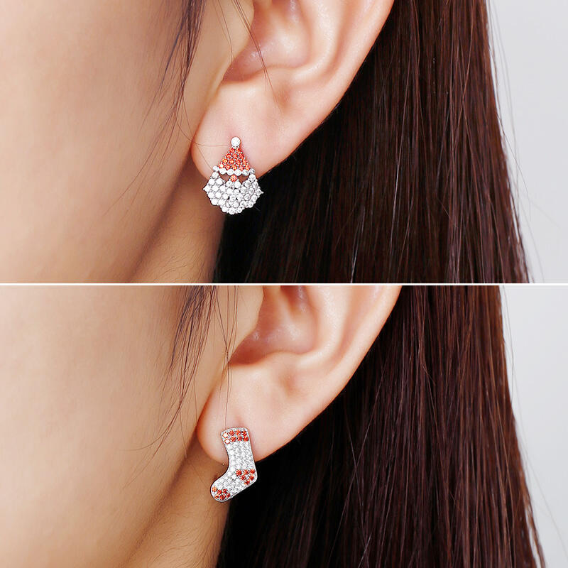 Jeulia "Santa Claus&Christmas Stocking" Sterling Silver Mismatched Stud Earrings
