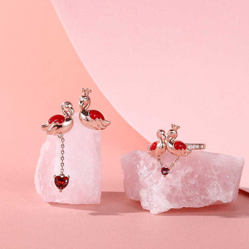 Jeulia Conjunto de joyas con flamenco de plata de ley pendientes y anillo
