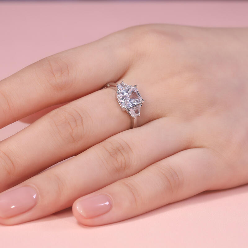 Jeulia Emerald Cut Three Stone Sterling Silver Engagement Ring