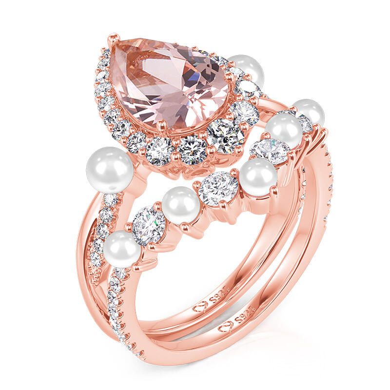 Jeulia Twist Halo Pear Wedding Ring Set Morganite Pearl