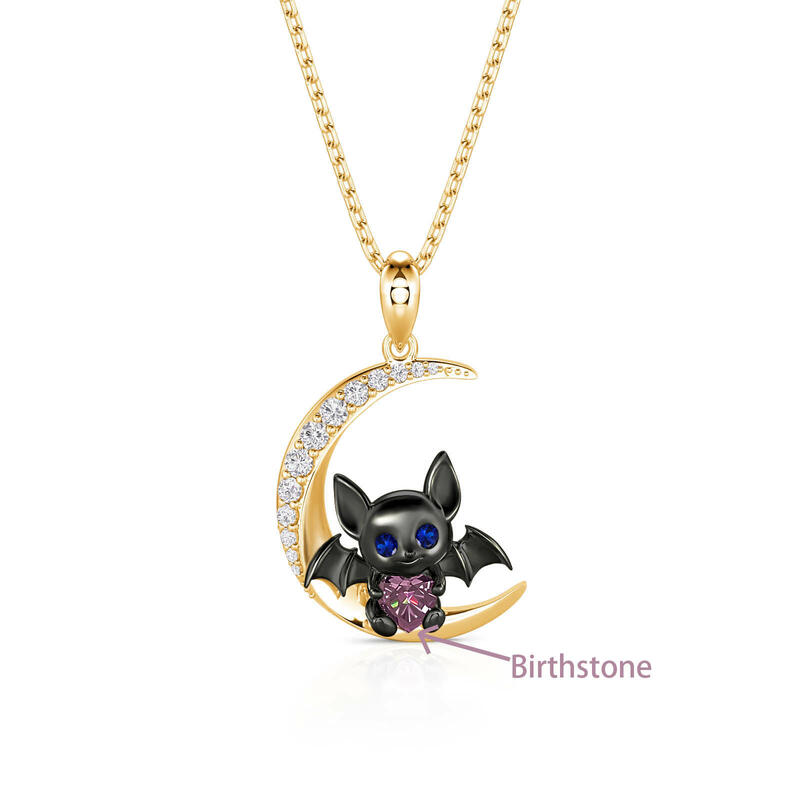 Jeulia Moon Hugers Custom Heart Birthstone Bat Necklace