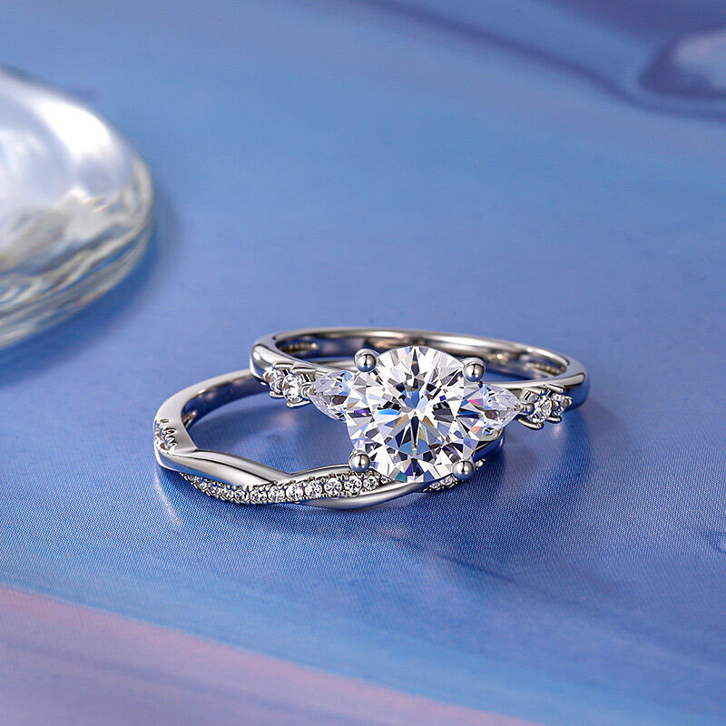 Jeulia Simple Three Stone Bridal Set 2PCS Sterling Silver