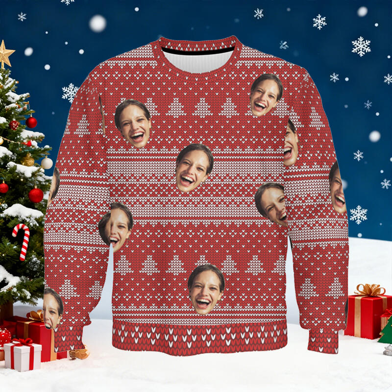 Personalized Ugly Sweater Unisex Custom Face Photo Red Festival Style Design Christmas Gift for Couples