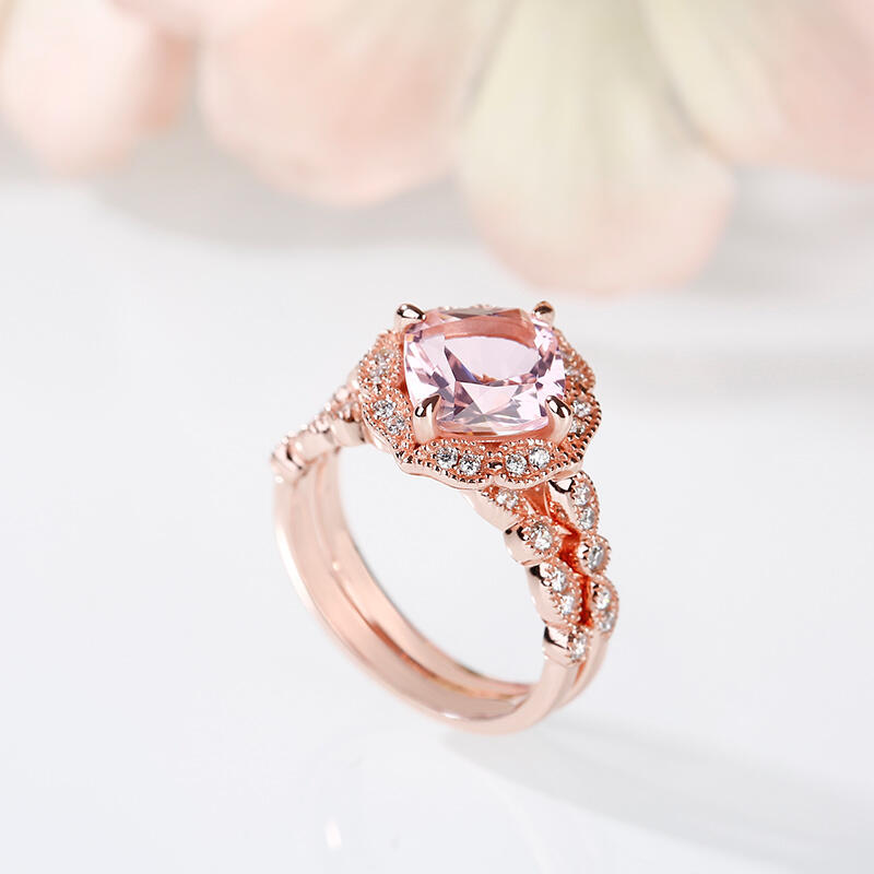Jeulia Floral Halo Cushion Cut Synthetic Morganite Sterling Silver Ring Set