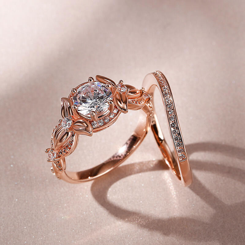 Jeulia Nature Inspired Round Cut Sterling Silver Ring Set