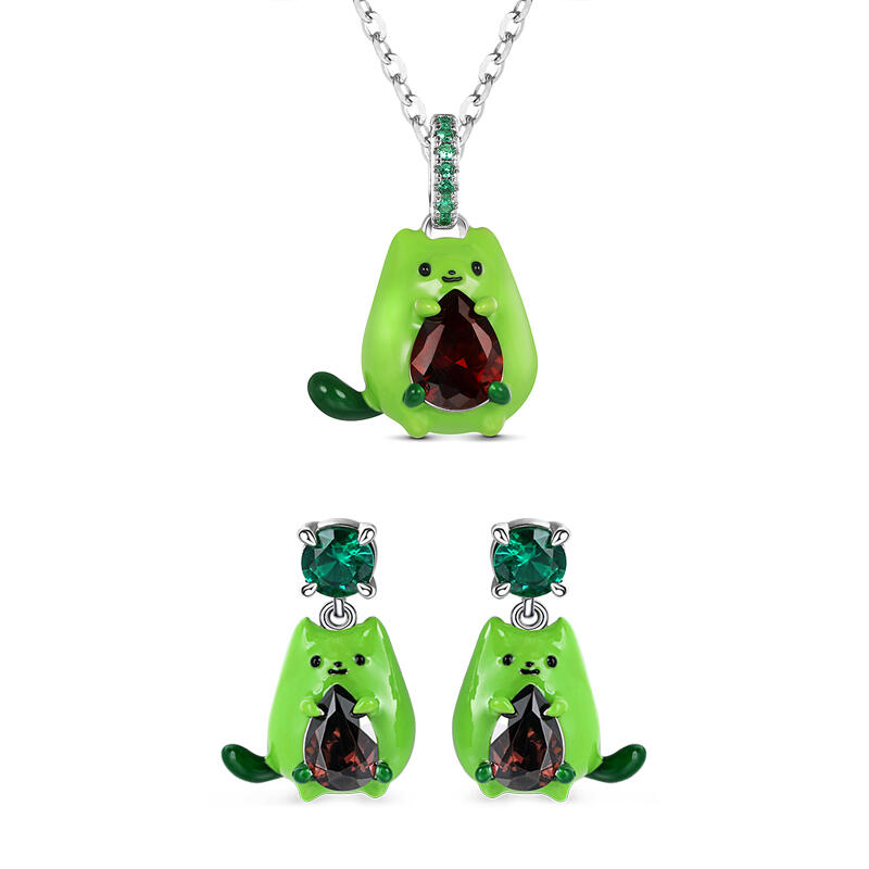 Jeulia Hug Me "Avocado Cat" Enamel Sterling Silver Jewelry Set