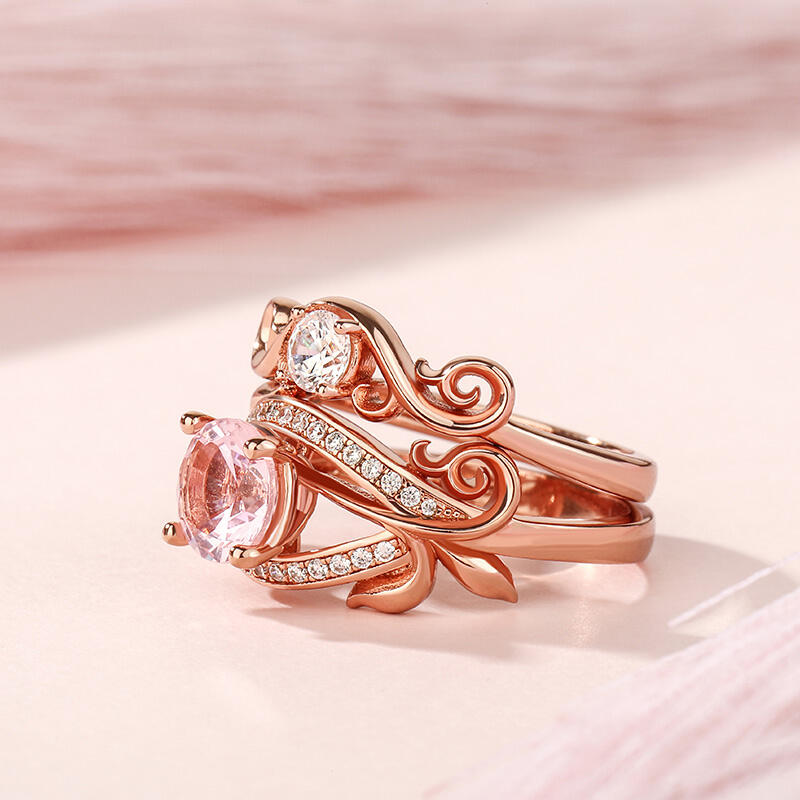 Jeulia "Art Deco" rundslipad syntetisk Morganit sterling silver ring set