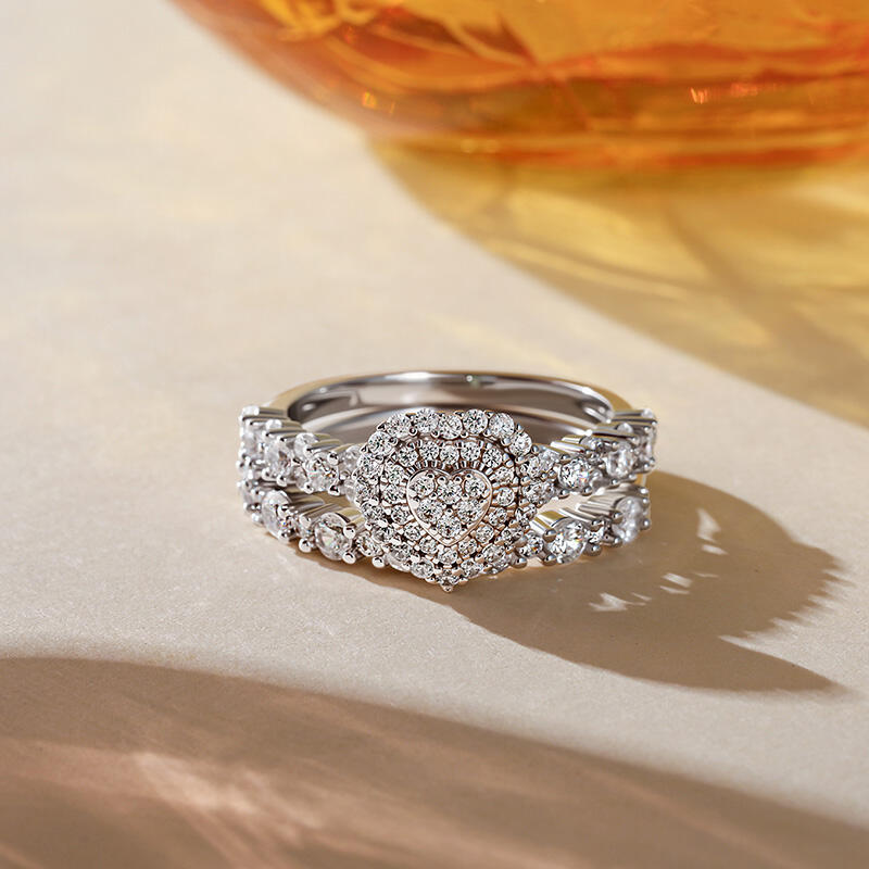 Jeulia Juego de Anillos de Compromiso Corazón Doble Halo de Plata de Ley
