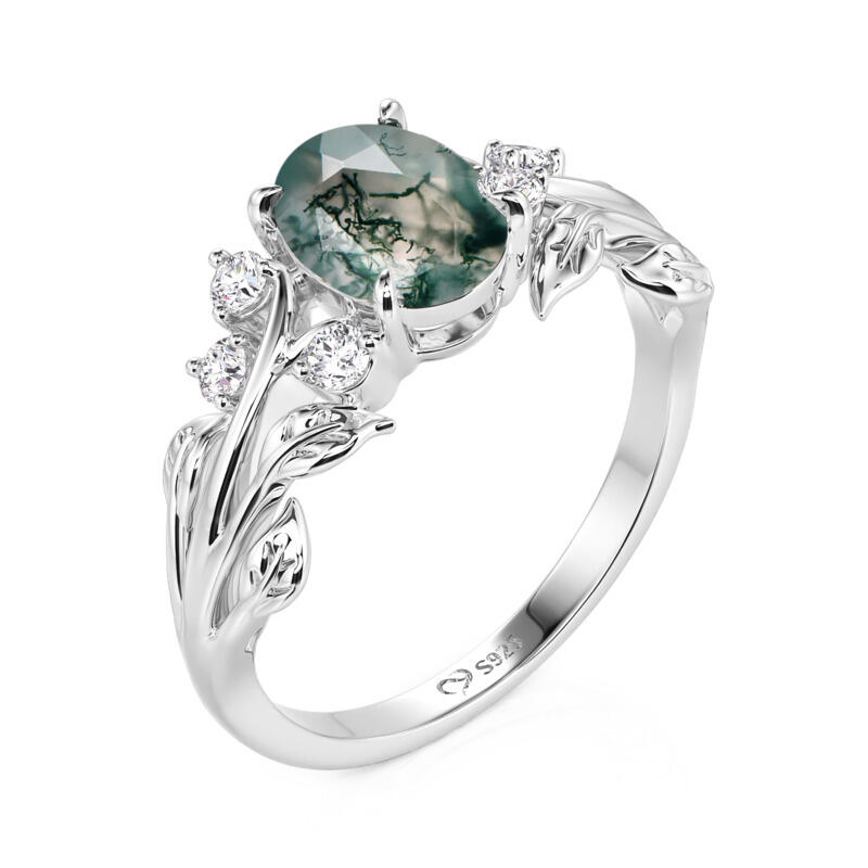 Jeulia Blumen Blatt Oval Moosachat Verlobungsring