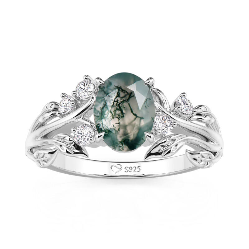 Jeulia Blumen Blatt Oval Moosachat Verlobungsring