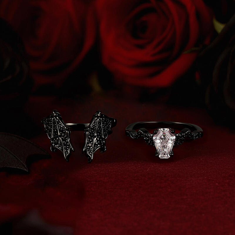 Jeulia Gothic Black Bat Coffin Cut Engagement Ring Set