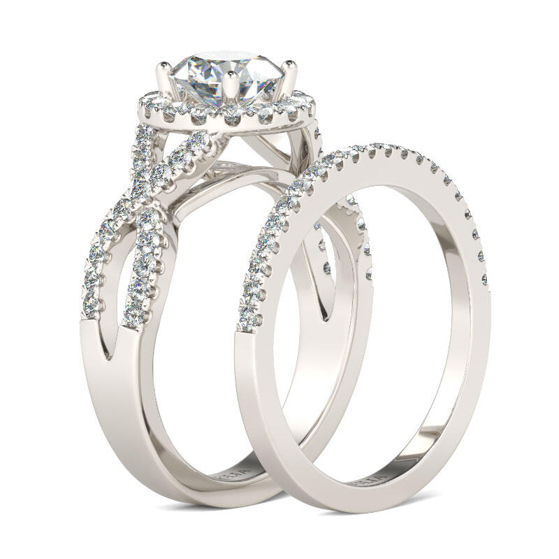 Jeulia Twist Halo Round Cut Sterling Silver Ring Set