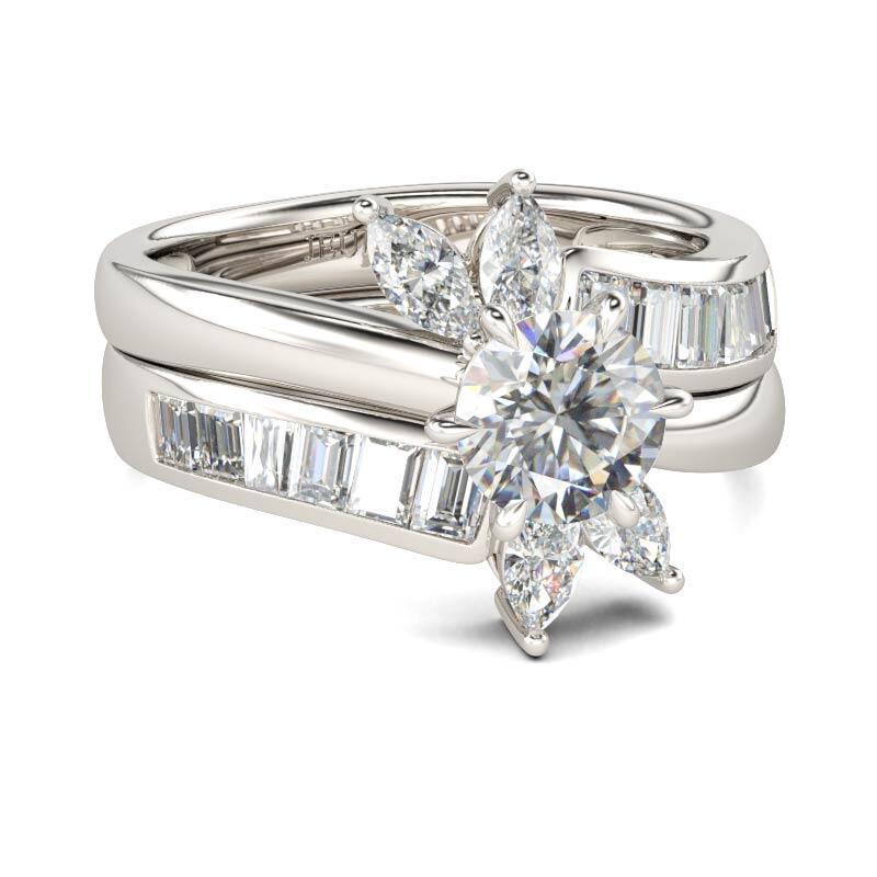 Jeulia Floral Round Cut Sterling Silver Ring Set