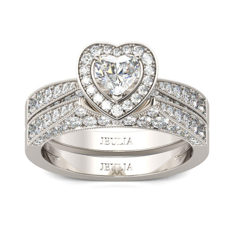 Jeulia Halo Heart Cut Sterling Silver Ring Set