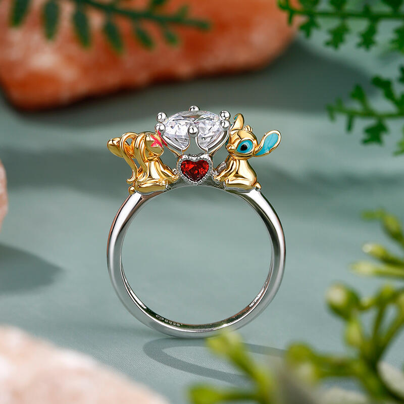 Jeulia Hug Me "Love Story" Little Monster Couple Round Cut Sterling Silver Ring