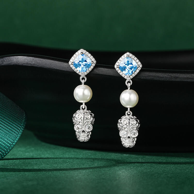 Jeulia "Departed Soul" Sugar Skull Cultured Pearl Sterling Silver Earrings