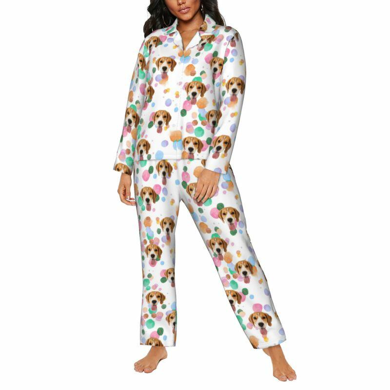 Gepersonaliseerde pyjama aangepaste foto huisdier kleurrijke inkt stippen patroon ontwerp levendig cadeau voor haar familie