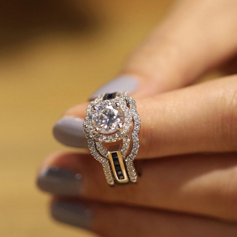 Jeulia 3PC Halo Round Cut Sterling Silver Ring Set