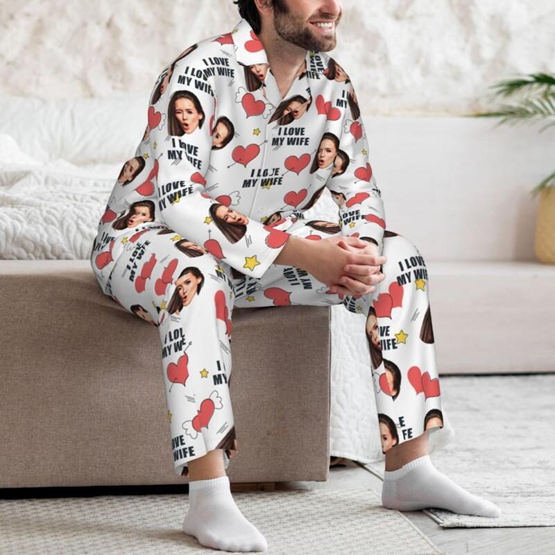 Personalized Pajamas Custom Face Photo I Love You Cute Hearts Design Perfect Gift for Couples