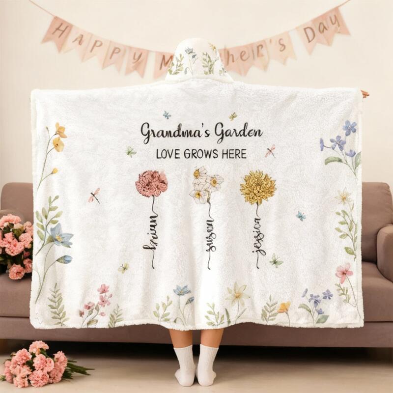 Personalized Birthflower Wearable Blanket Hoodie with Custom Name Best Mother's Day Gift