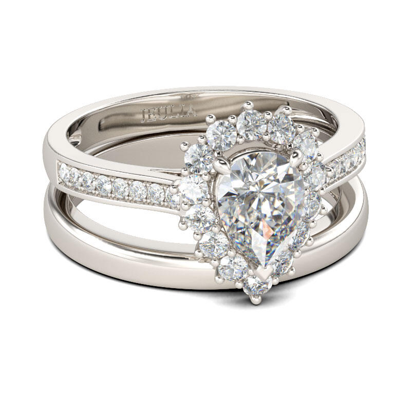 Jeulia Halo Pear Cut Sterling Silver Ring Set