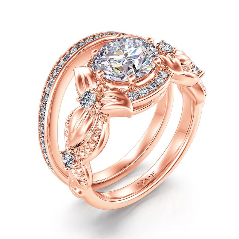 Jeulia Nature Inspired Round Cut Sterling Silver Ring Set