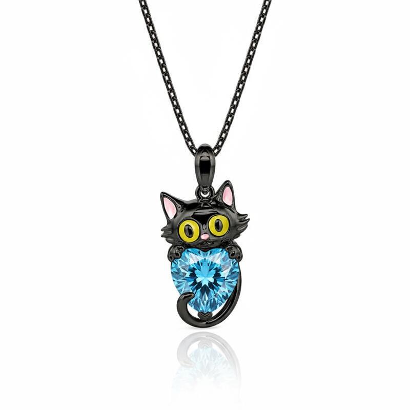 Jeulia Hug Me Custom Birthstone Black Cat Necklace