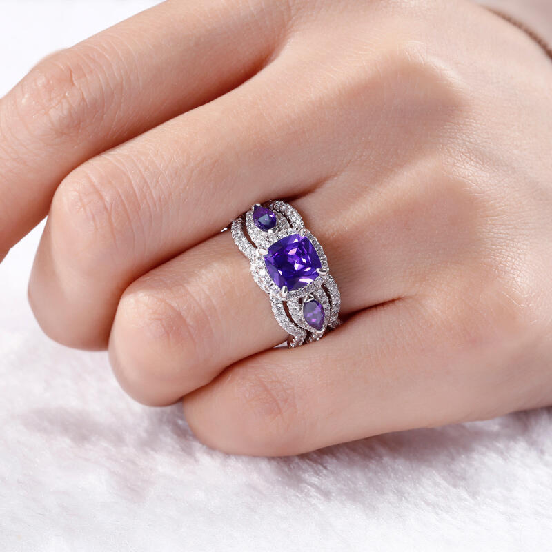 Jeulia Halo Three Stone Cushion Cut Sterling Silver 3PC Ring Set